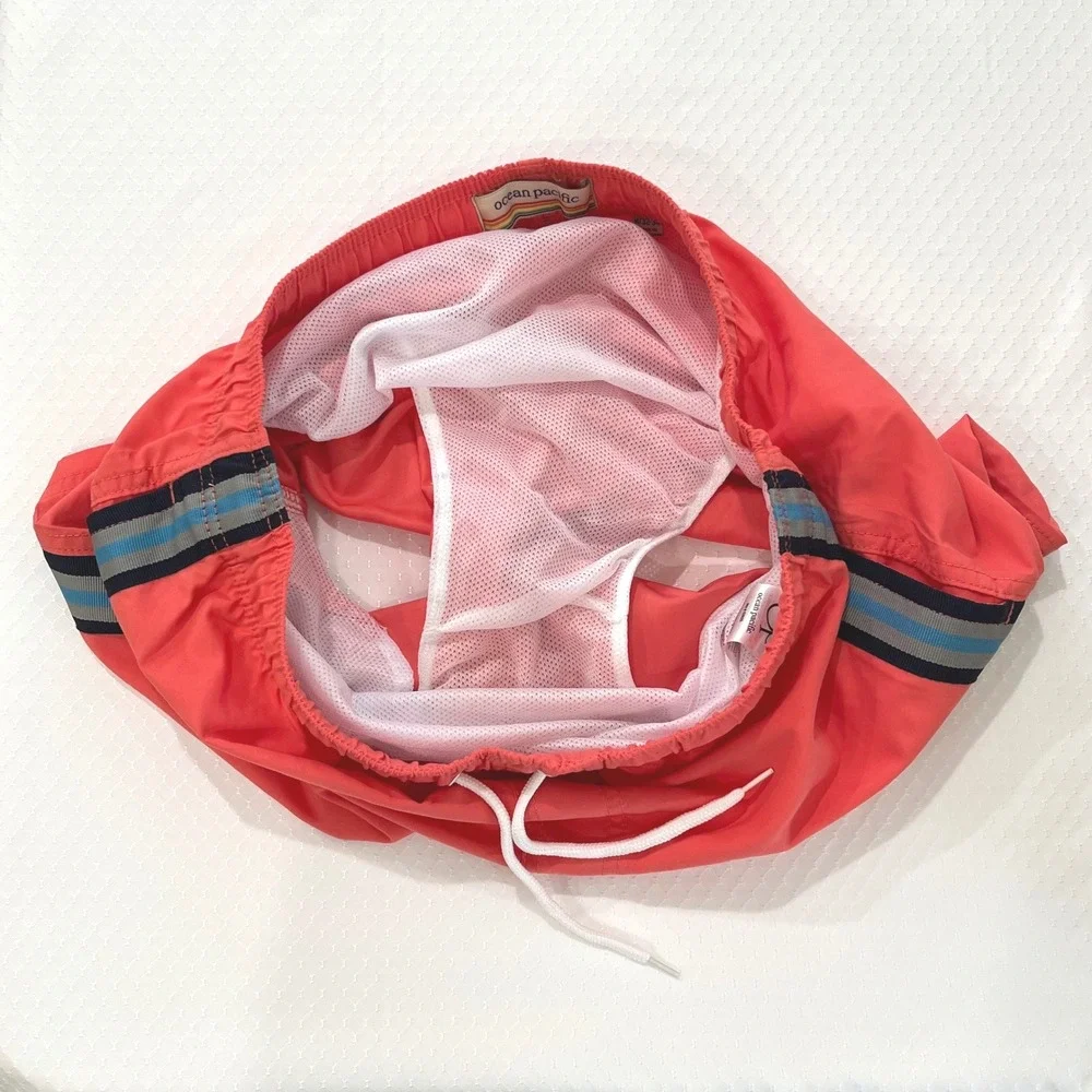 Ocean Pacific OP Mens Swim Shorts‎ M/32-34 Coral Side Stripes Mesh Lined Trunks